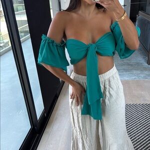 Off-Shoulder Tie-Front Crop Top in Teal